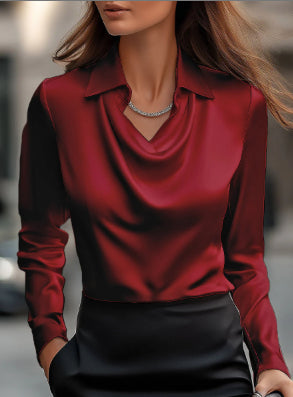 LabourX 'Women's Swing Collar Draped Shirts & Blouses Elegant Solid Satin Office Ladies Top Pullover Spring Long Sleeve Casual Tops