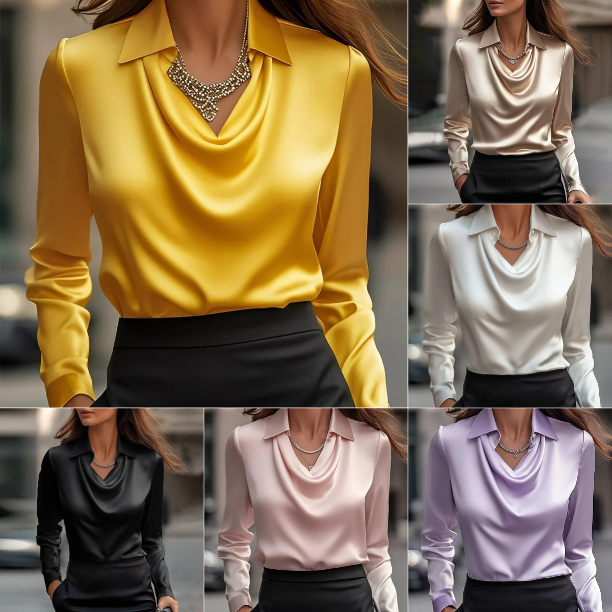 LabourX 'Women's Swing Collar Draped Shirts & Blouses Elegant Solid Satin Office Ladies Top Pullover Spring Long Sleeve Casual Tops