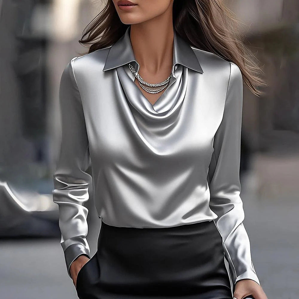 LabourX 'Women's Swing Collar Draped Shirts & Blouses Elegant Solid Satin Office Ladies Top Pullover Spring Long Sleeve Casual Tops