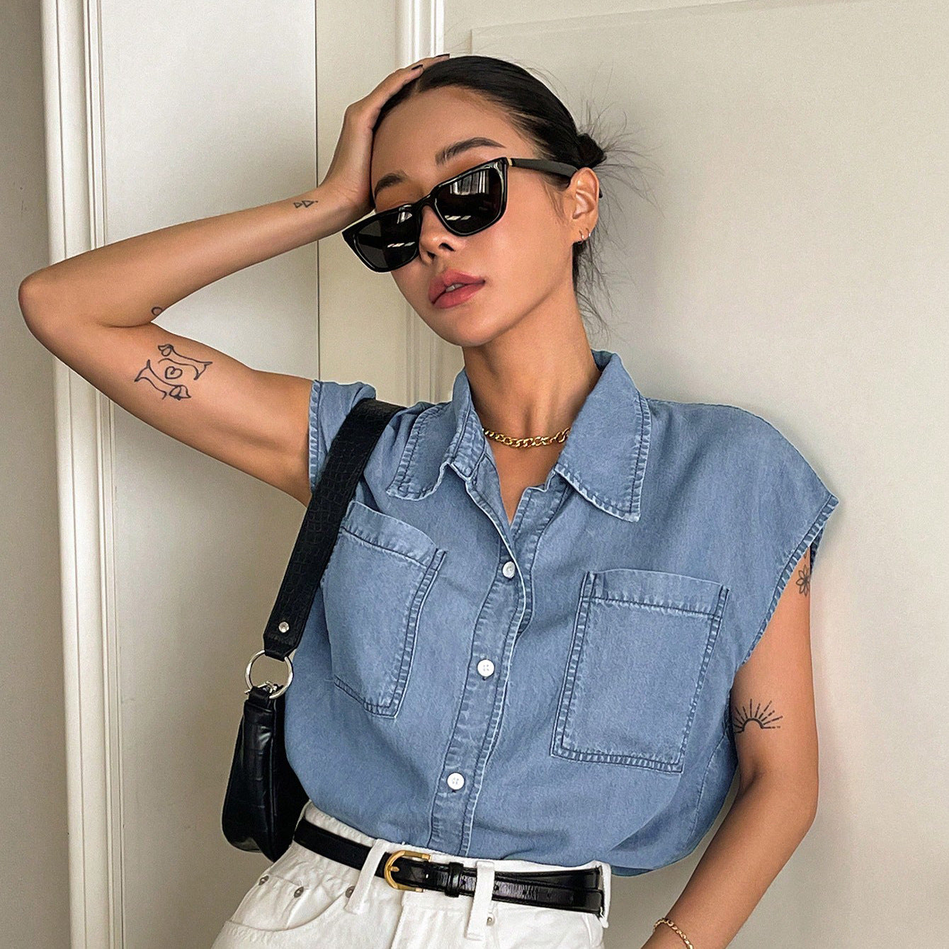 Pocket Denim Loose Top Casual Women