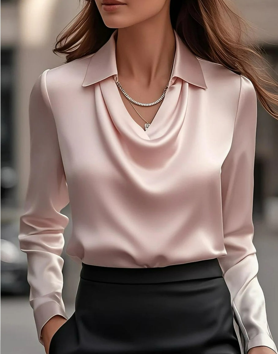 LabourX 'Women's Swing Collar Draped Shirts & Blouses Elegant Solid Satin Office Ladies Top Pullover Spring Long Sleeve Casual Tops